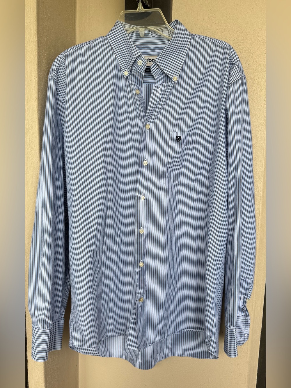 Barbour Pelton Regular Fit Shirt Blue/White/Gray Stripe Long Sleeve Logo Large